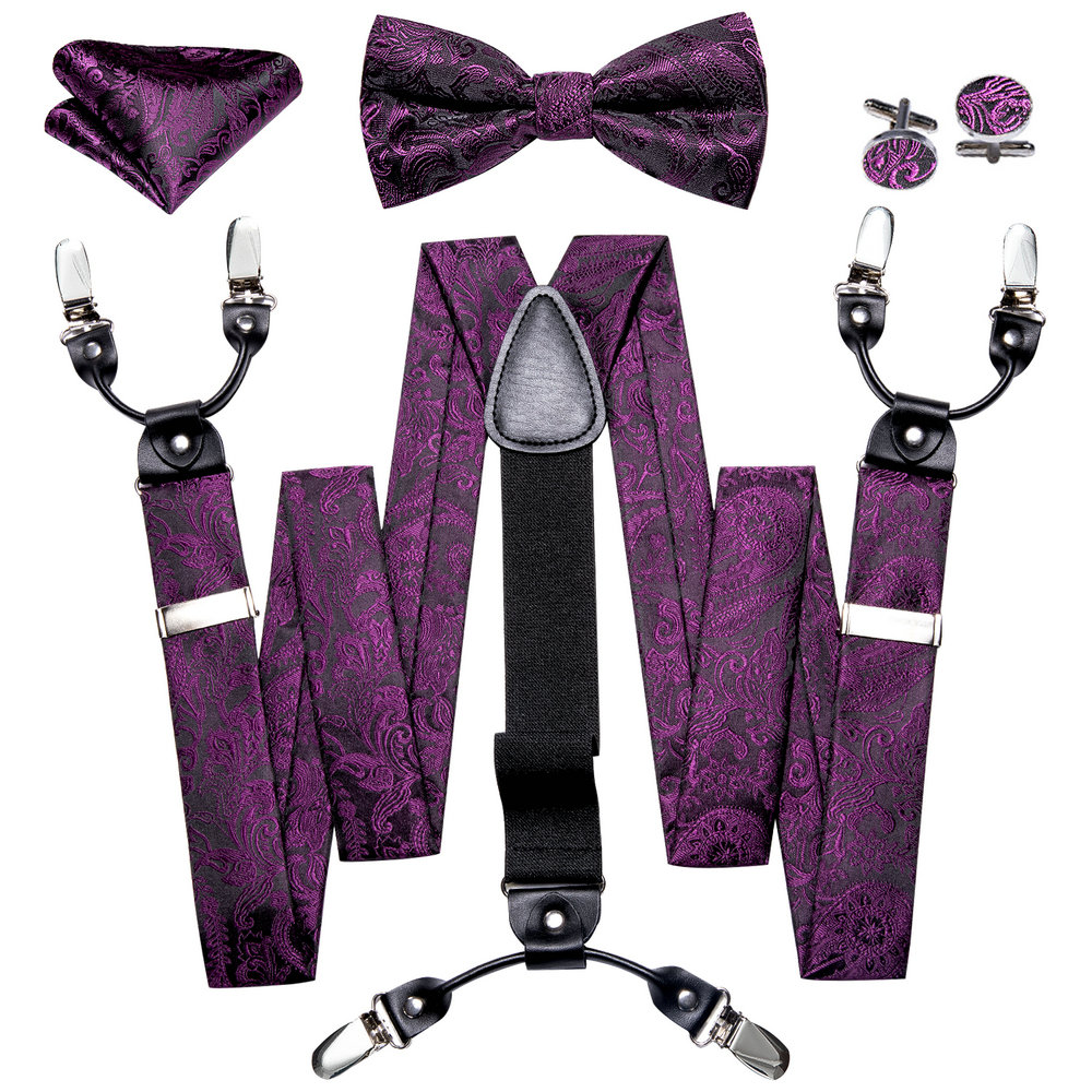 Bow Tie Pre Tied - ชุดเซ็ตสายรัดกางเกงสำหรับผู้ชาย ลายดอกไม้สีม่วงพลัมสุดหรู พร้อมเนคไทสำเร็จรูป ผ้าเช็ดหน้า และกระดุมข้อมือ ดีไซน์เนอร์