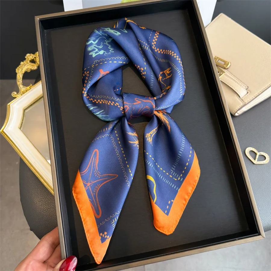 Bandana Cotton - ผ้าพันคอไหมพิมพ์ลายสีน้ำเงิน ผ้าคลุมไหล่ซาตินเนื้อนุ่มหรูหราสำหรับผู้หญิง ผ้าพันคอฮิญาบ ผ้าคาดผมริบบิ้น ผ้าพันคอแฟชั่น ผ้าพันคอแบบผูก